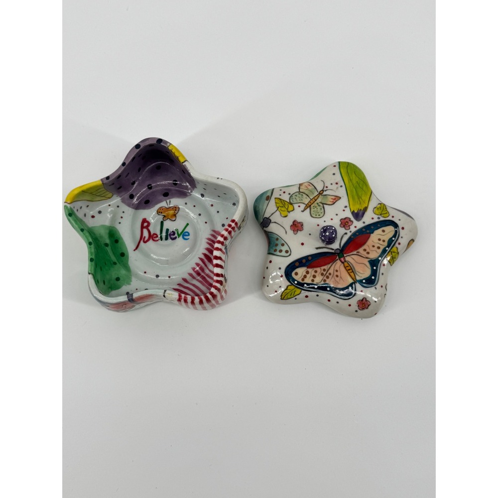 Believe Star Shaped Ceramic Trinket Box Butterfly Floral Hand Painted Colorful